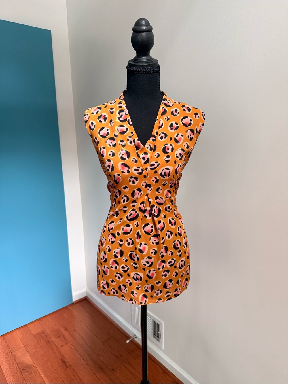 CAbi Mustard Animal Print Blouse with Pink and Black Spots